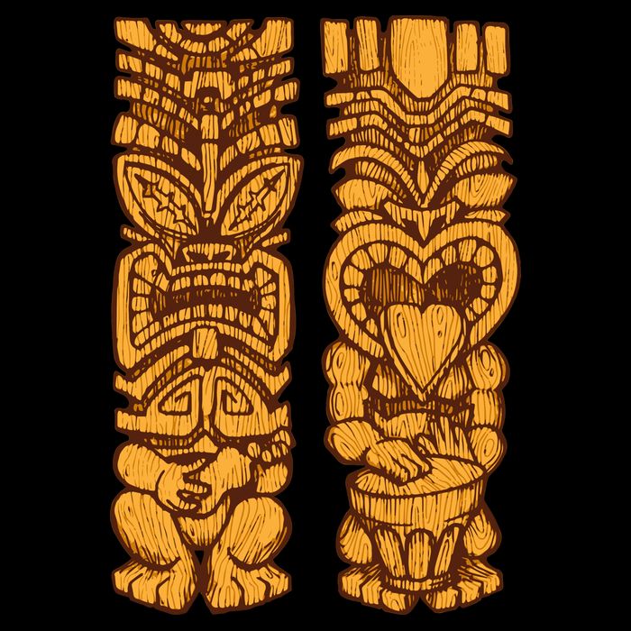 Wooden statues of Tiki with ukulele and drum Cropped Pullover Crew