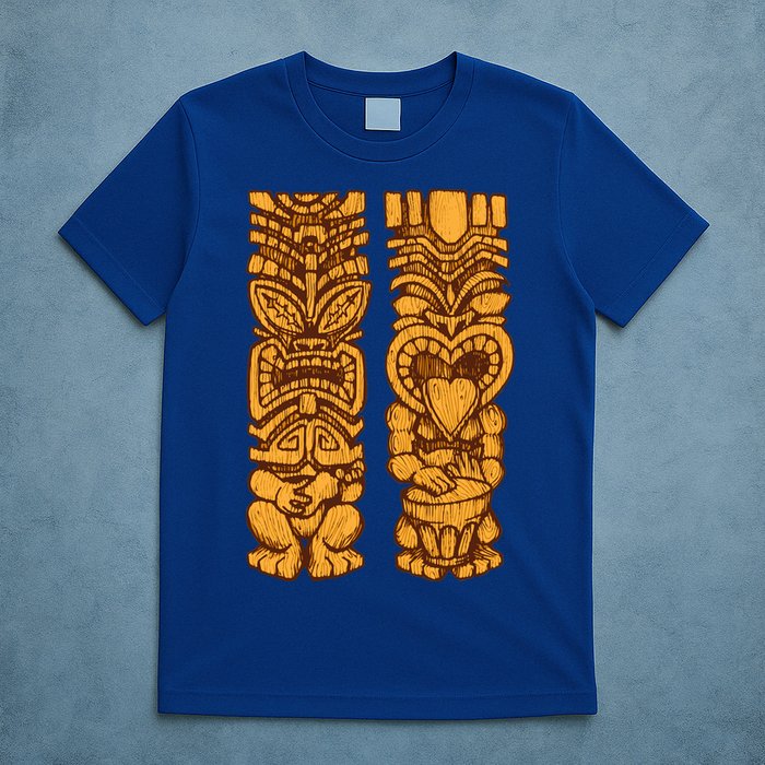Wooden statues of Tiki with ukulele and drum T-Shirt