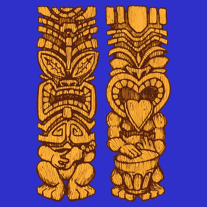 Wooden statues of Tiki with ukulele and drum T-Shirt