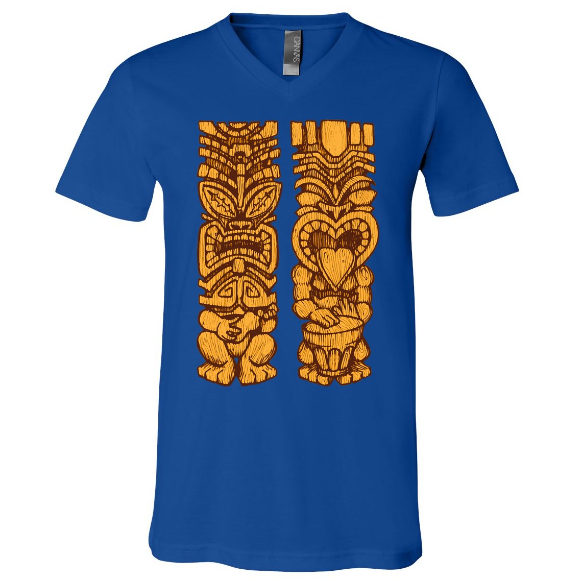Wooden statues of Tiki with ukulele and drum V-Neck T-Shirt