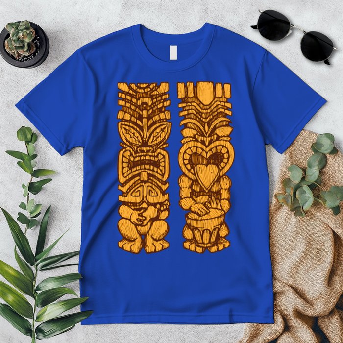 Wooden statues of Tiki with ukulele and drum Premium T-Shirt