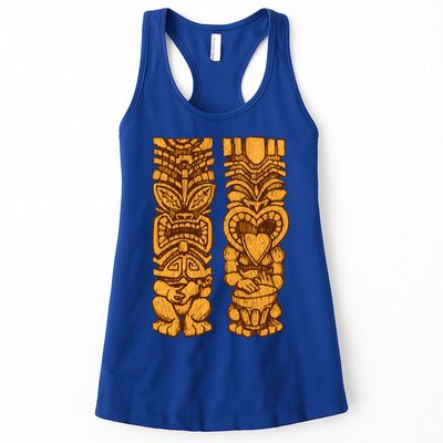 Wooden statues of Tiki with ukulele and drum Womens Tank Top