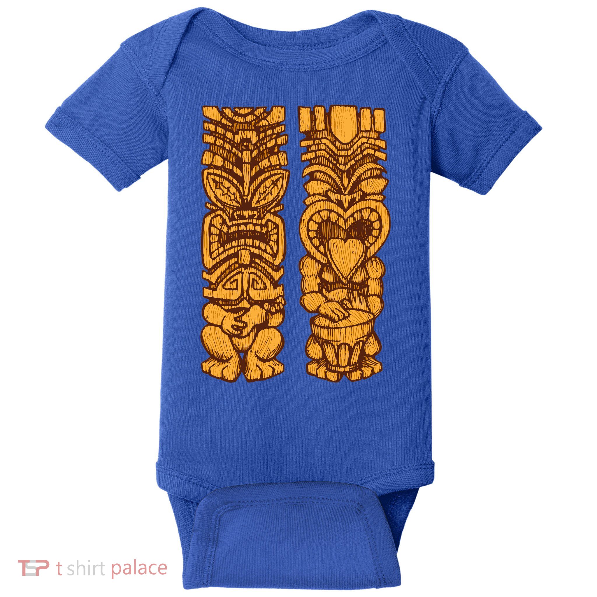 Wooden statues of Tiki with ukulele and drum Baby Bodysuit