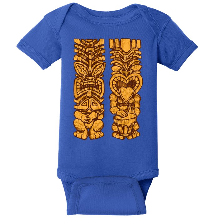 Wooden statues of Tiki with ukulele and drum Baby Bodysuit
