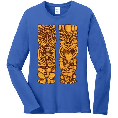 Wooden statues of Tiki with ukulele and drum Ladies Long Sleeve Shirt