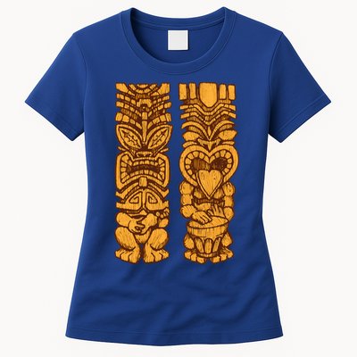 Wooden statues of Tiki with ukulele and drum Womens T-Shirt