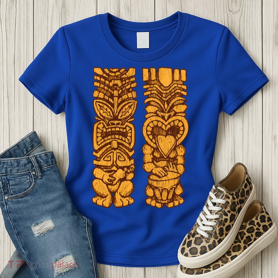 Wooden statues of Tiki with ukulele and drum Womens T-Shirt