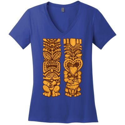 Wooden statues of Tiki with ukulele and drum Women's V-Neck T-Shirt