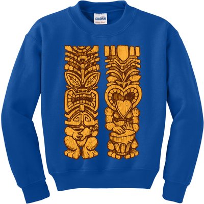 Wooden statues of Tiki with ukulele and drum Kids Sweatshirt
