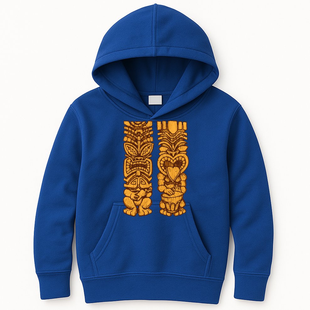Wooden statues of Tiki with ukulele and drum Kids Hoodie