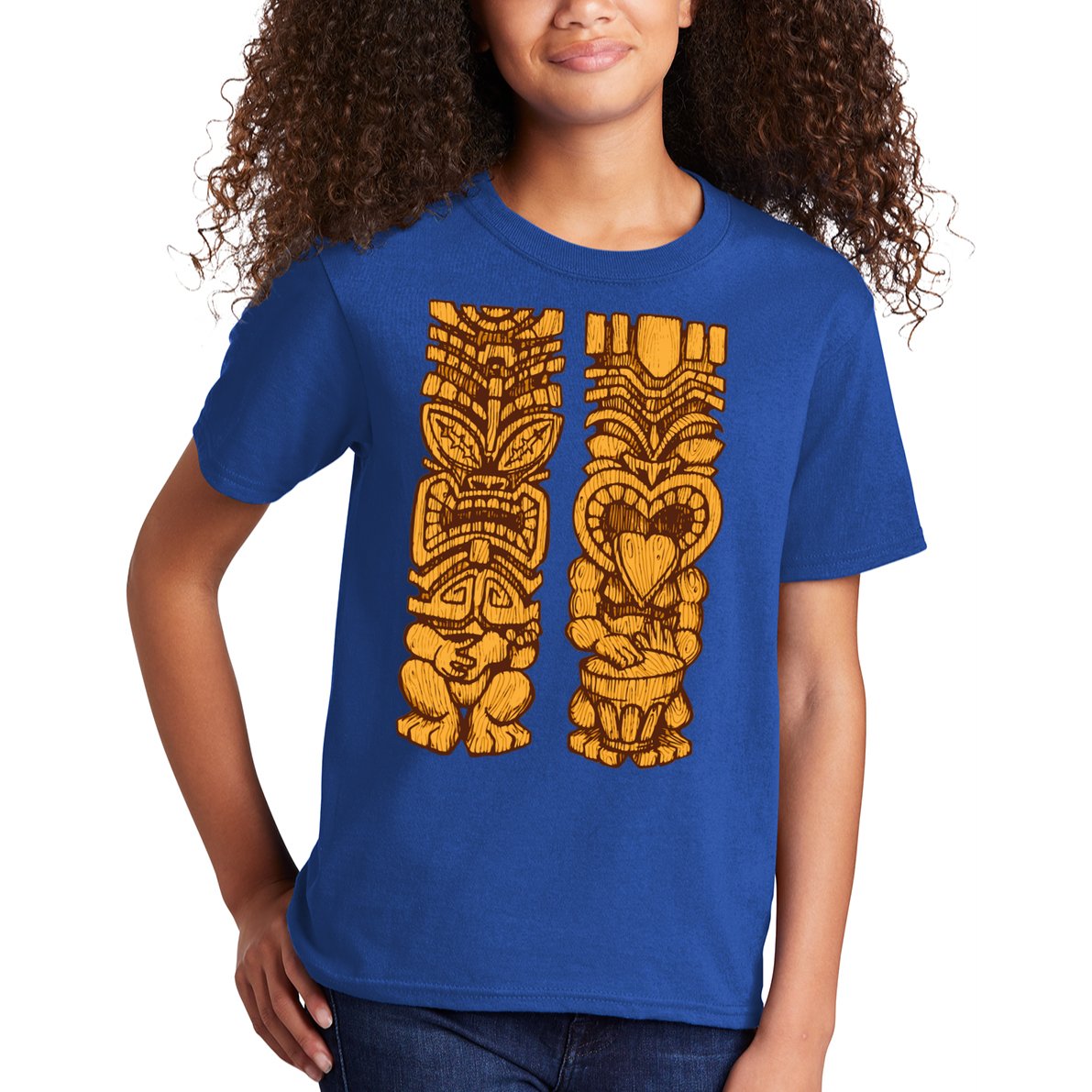 Wooden statues of Tiki with ukulele and drum Kids T-Shirt