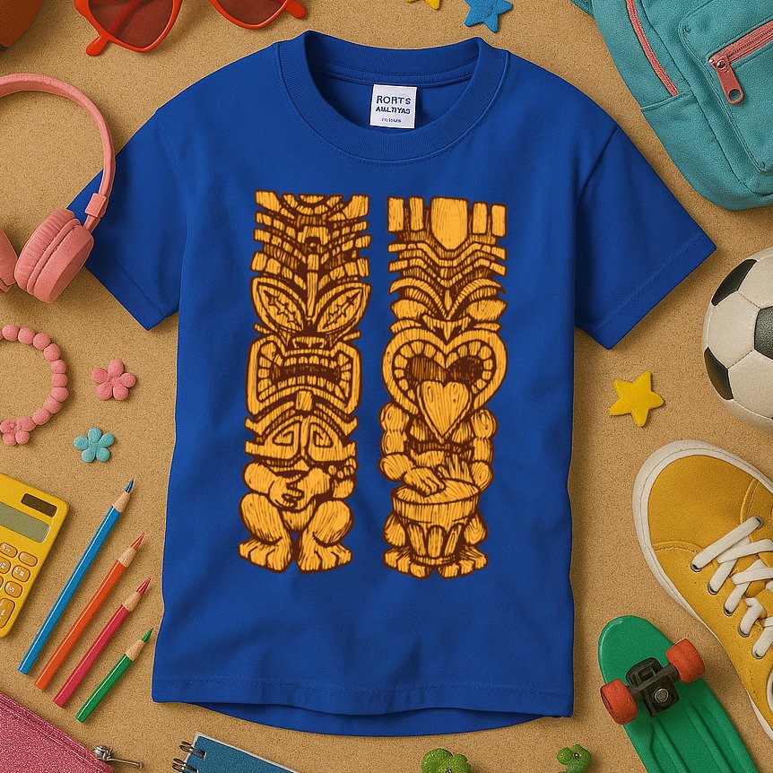 Wooden statues of Tiki with ukulele and drum Kids T-Shirt