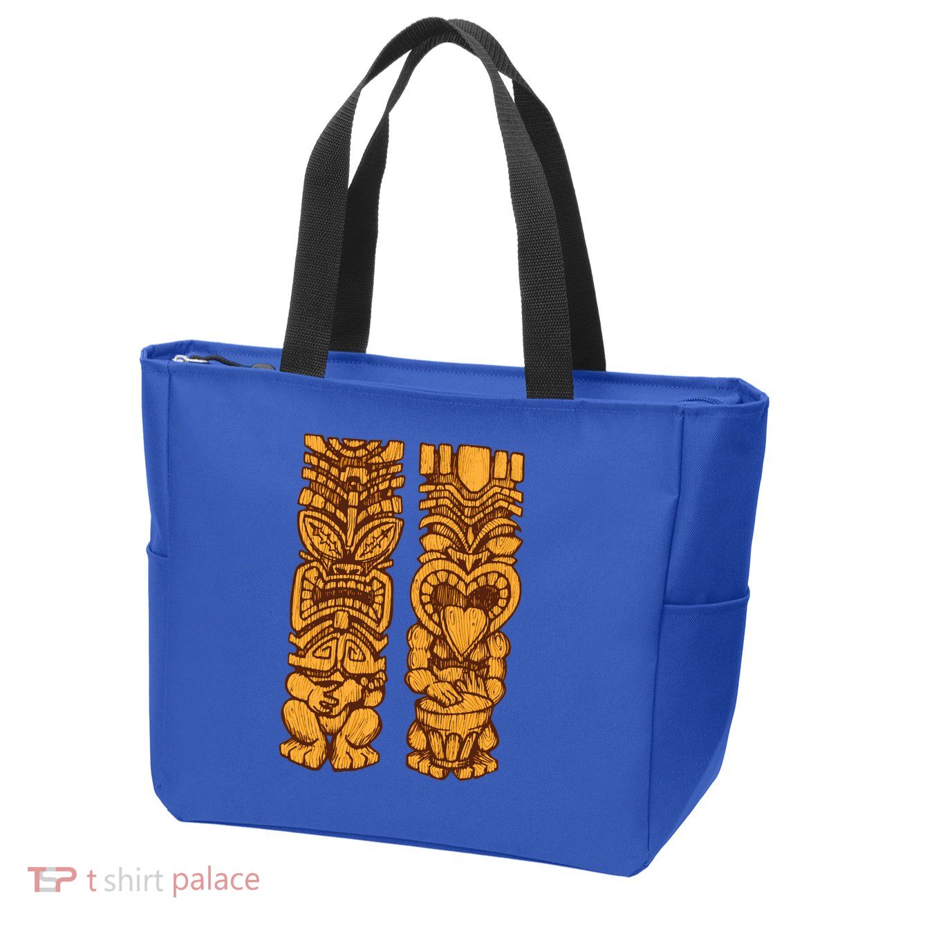 Wooden statues of Tiki with ukulele and drum Zip Tote Bag