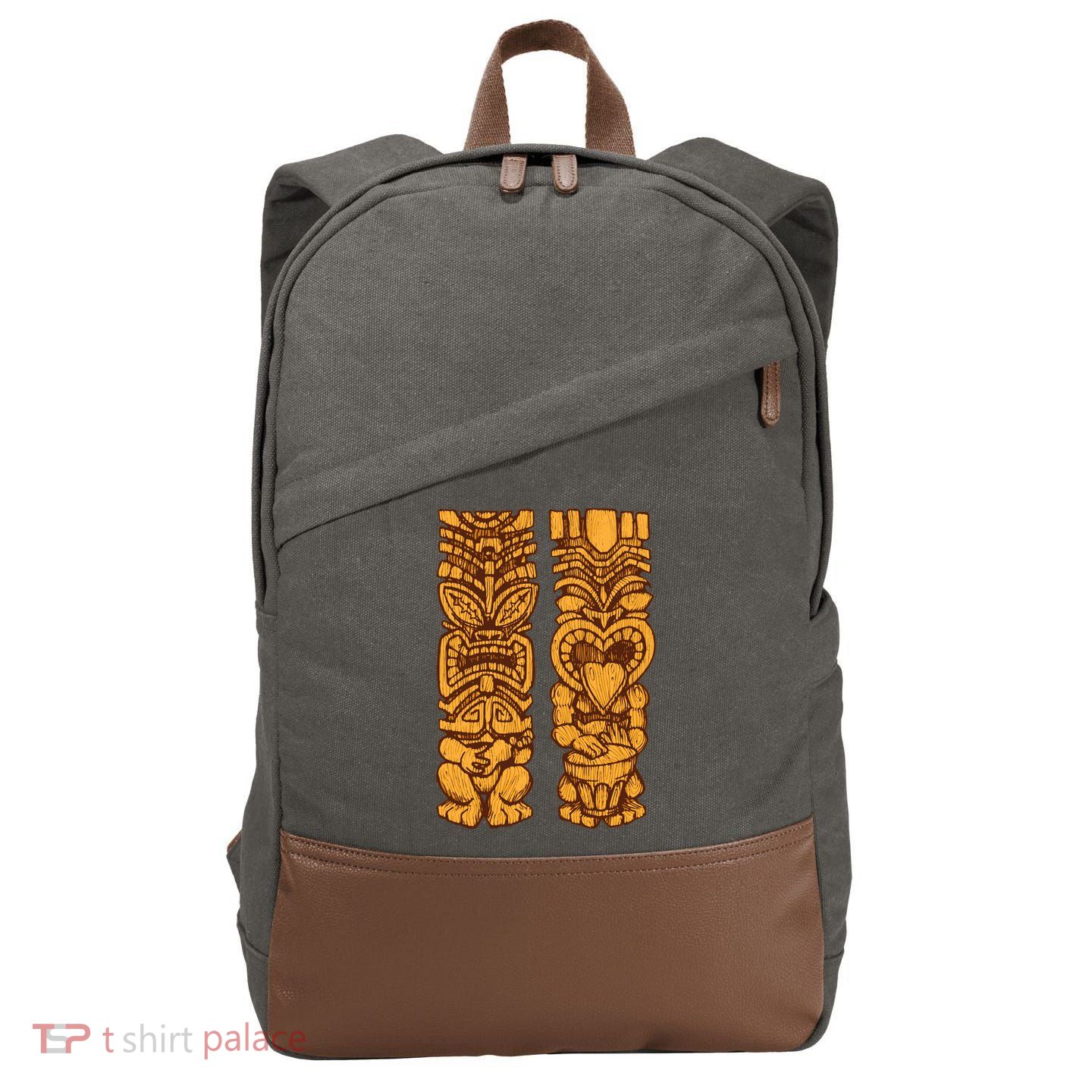 Wooden statues of Tiki with ukulele and drum Cotton Canvas Backpack