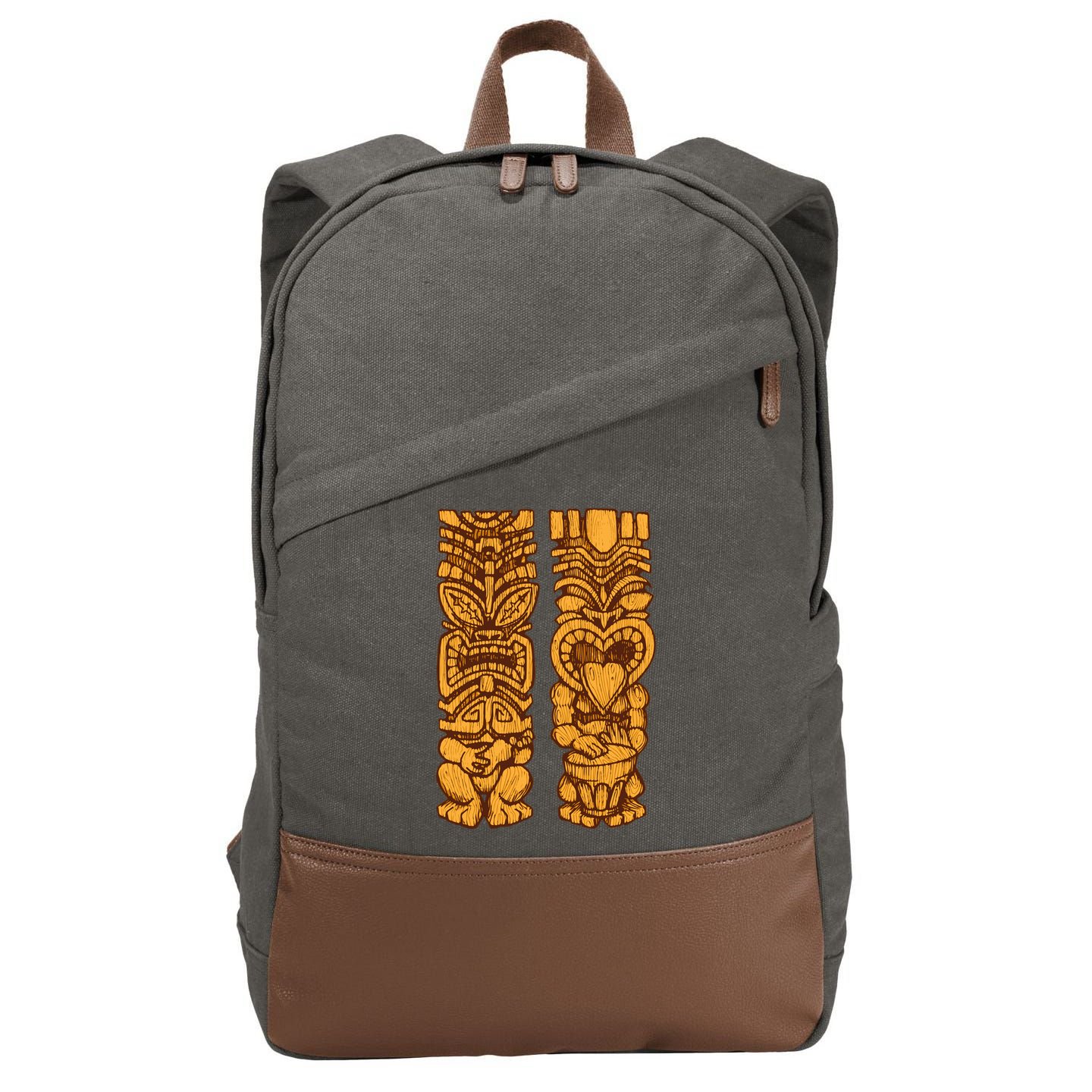 Wooden statues of Tiki with ukulele and drum Cotton Canvas Backpack