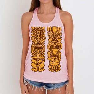 Wooden statues of Tiki with ukulele and drum Women's Knotted Racerback Tank