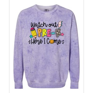 Watch Out PreK Squad Here I Come Happy First Day Of School Funny Gift Colorblast Crewneck Sweatshirt