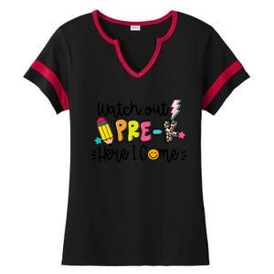 Watch Out PreK Squad Here I Come Happy First Day Of School Funny Gift Ladies Halftime Notch Neck Tee