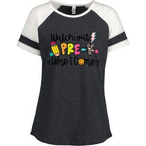 Watch Out PreK Squad Here I Come Happy First Day Of School Funny Gift Enza Ladies Jersey Colorblock Tee