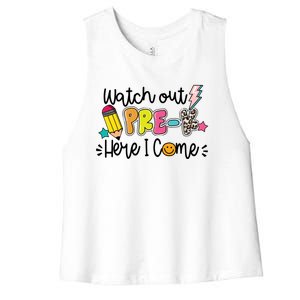 Watch Out PreK Squad Here I Come Happy First Day Of School Funny Gift Women's Racerback Cropped Tank