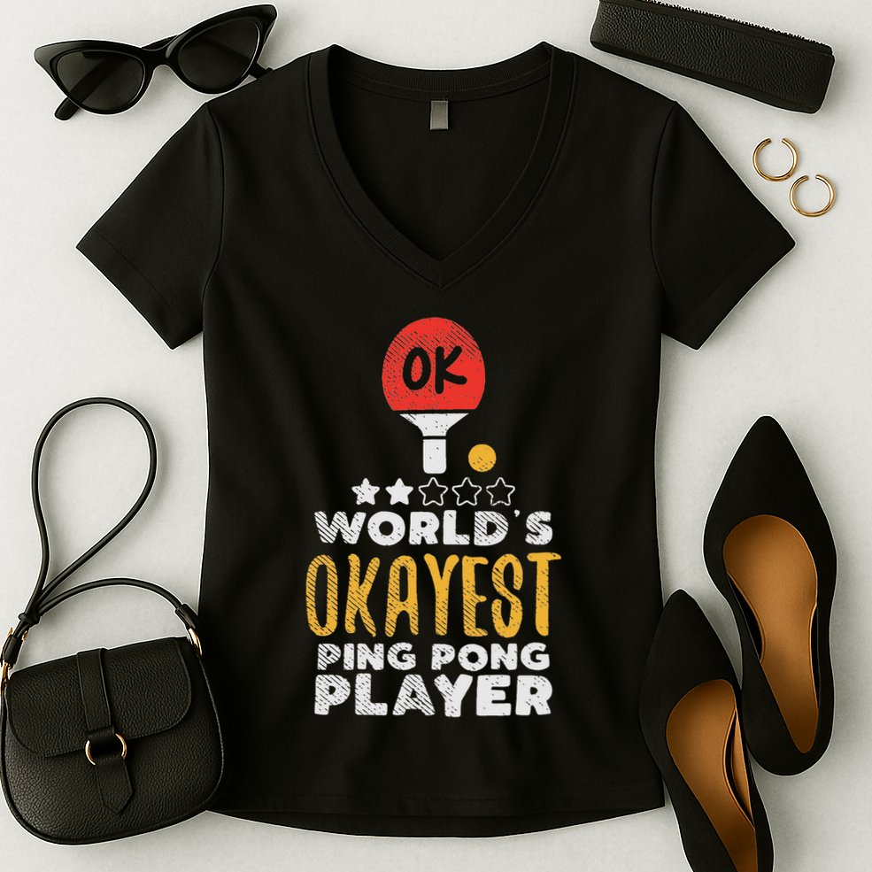World's Okayest Ping Pong Player Funny Table Tennis Gift Women's V-Neck T-Shirt