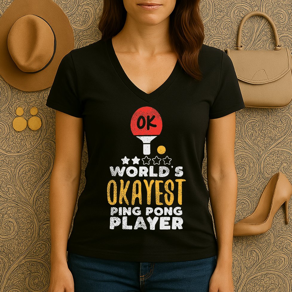 World's Okayest Ping Pong Player Funny Table Tennis Gift Women's V-Neck T-Shirt
