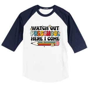 Watch Out Preschool Here I Come Back To School Groovy Gift Baseball Sleeve Shirt