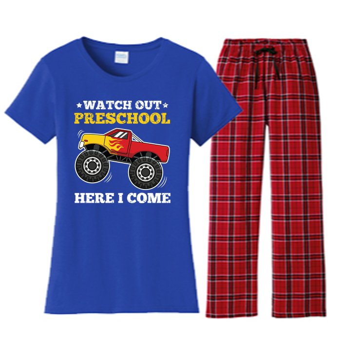 Watch Out Preschool Here I Come Back To School Monster Truck Gift Women's Flannel Pajama Set