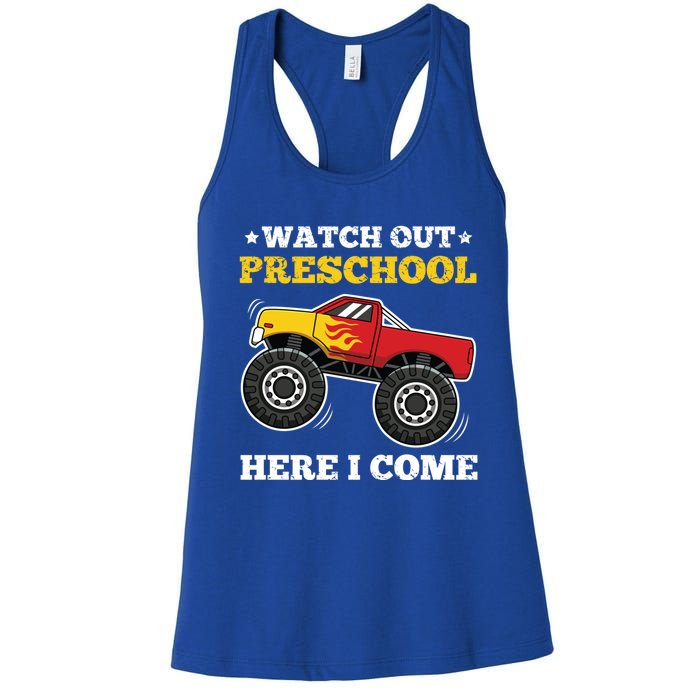 Watch Out Preschool Here I Come Back To School Monster Truck Gift Women's Racerback Tank