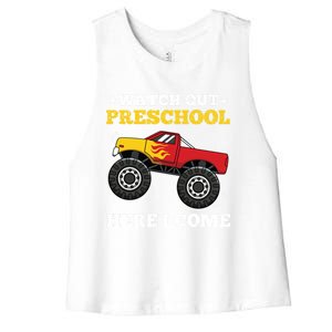 Watch Out Preschool Here I Come Back To School Monster Truck Gift Women's Racerback Cropped Tank