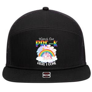 Watch Out Pre K Back To School Unicorn Teacher Gift 7 Panel Mesh Trucker Snapback Hat