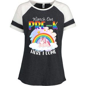 Watch Out Pre K Back To School Unicorn Teacher Gift Enza Ladies Jersey Colorblock Tee