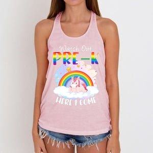 Watch Out Pre K Back To School Unicorn Teacher Gift Women's Knotted Racerback Tank