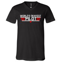 Worlds Okayest Pilot Funny Aviator Aviation Flying Mens V-Neck T-Shirt