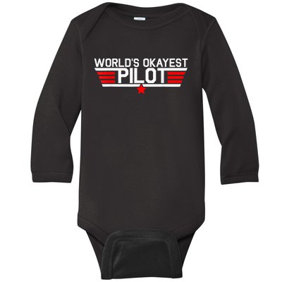 Worlds Okayest Pilot Funny Aviator Aviation Flying Mens Baby Long Sleeve Bodysuit