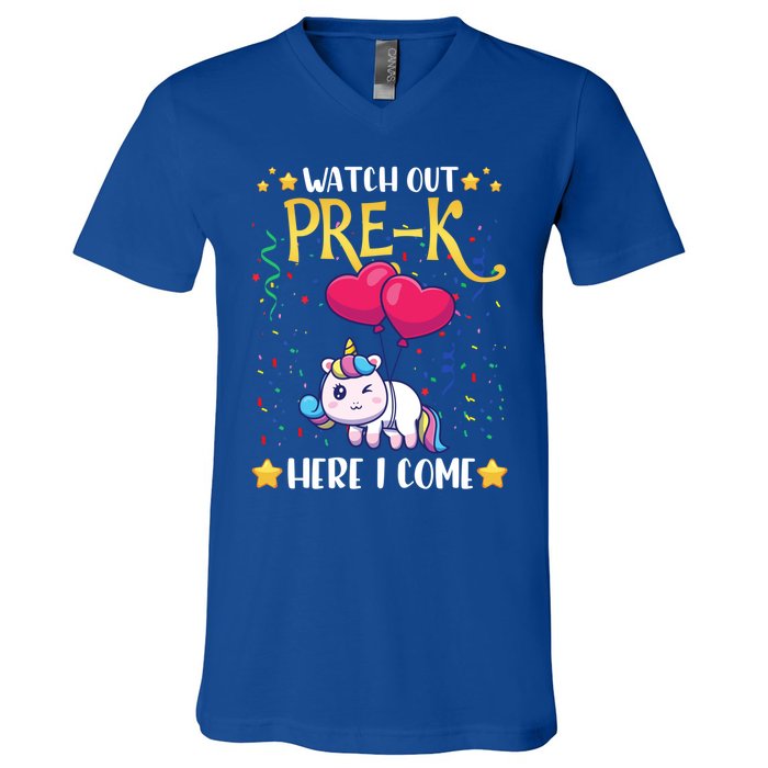 Watch Out Pre K Here I Come First Day Unicorn Gift V-Neck T-Shirt