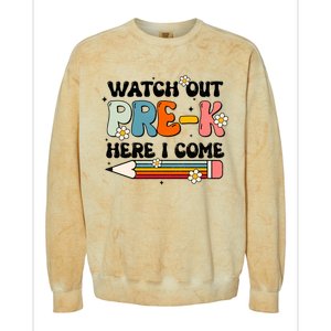 Watch Out PreK Here I Come Back To School Groovy Cool Gift Colorblast Crewneck Sweatshirt