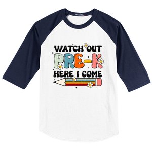 Watch Out PreK Here I Come Back To School Groovy Cool Gift Baseball Sleeve Shirt