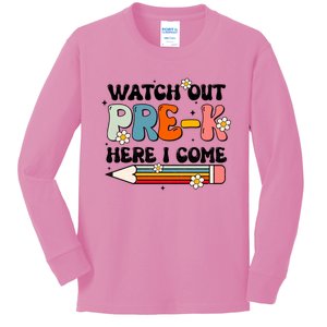 Watch Out PreK Here I Come Back To School Groovy Cool Gift Kids Long Sleeve Shirt