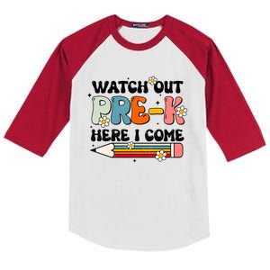 Watch Out PreK Here I Come Back To School Groovy Cool Gift Kids Colorblock Raglan Jersey