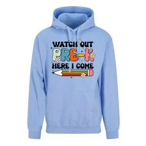 Watch Out PreK Here I Come Back To School Groovy Cool Gift Unisex Surf Hoodie