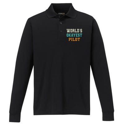 Worlds Okayest Pilot Funny Joke Distressed Gift Performance Long Sleeve Polo