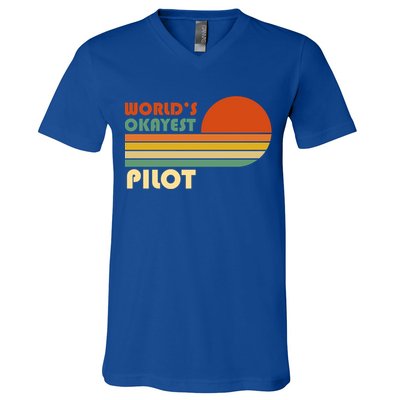 Worlds Okayest Pilot Funny Retro Funny Gift V-Neck T-Shirt