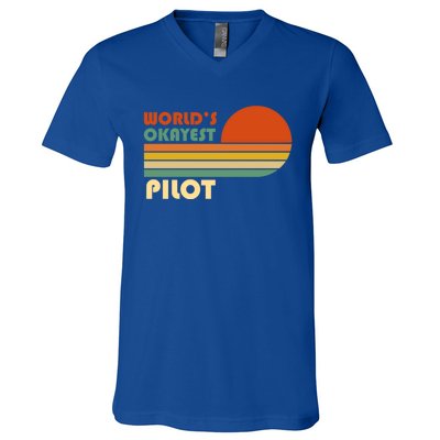 Worlds Okayest Pilot Funny Retro Funny Gift V-Neck T-Shirt