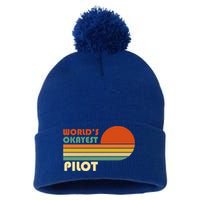 Worlds Okayest Pilot Funny Retro Funny Gift Pom Pom 12in Knit Beanie