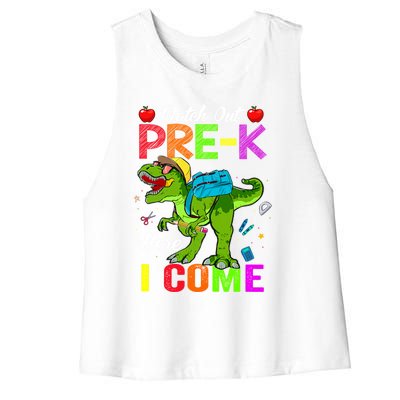 Watch Out PreK Here I Come Dinosaurs Back To School Funny Gift Women's Racerback Cropped Tank