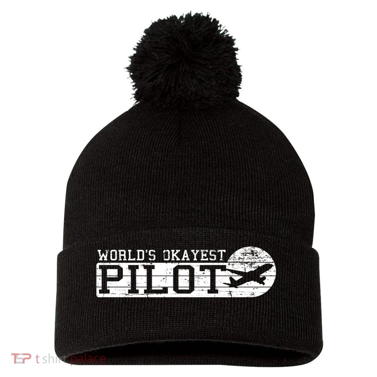 Worlds Okayest Pilot Funny Pilot Pom Pom 12in Knit Beanie