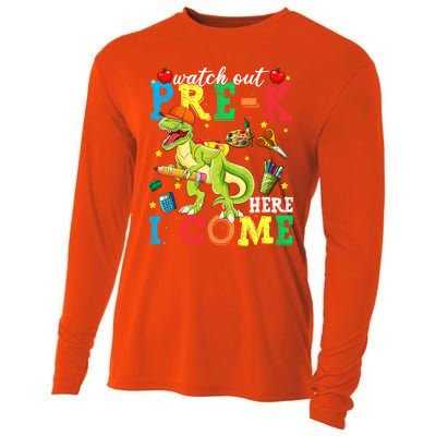 Watch Out PreK Here I Come Funny Dinosaur Back To School Funny Gift Cooling Performance Long Sleeve Crew