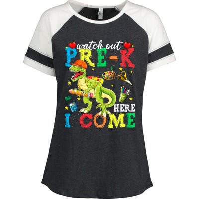 Watch Out PreK Here I Come Funny Dinosaur Back To School Funny Gift Enza Ladies Jersey Colorblock Tee