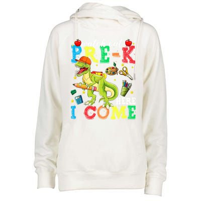 Watch Out PreK Here I Come Funny Dinosaur Back To School Funny Gift Womens Funnel Neck Pullover Hood